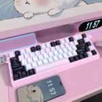 Adorable PBT dye-sub cute rabbit keycaps set displayed from various angles, highlighting charming minimalist illustrations for a whimsical and clean keyboard.