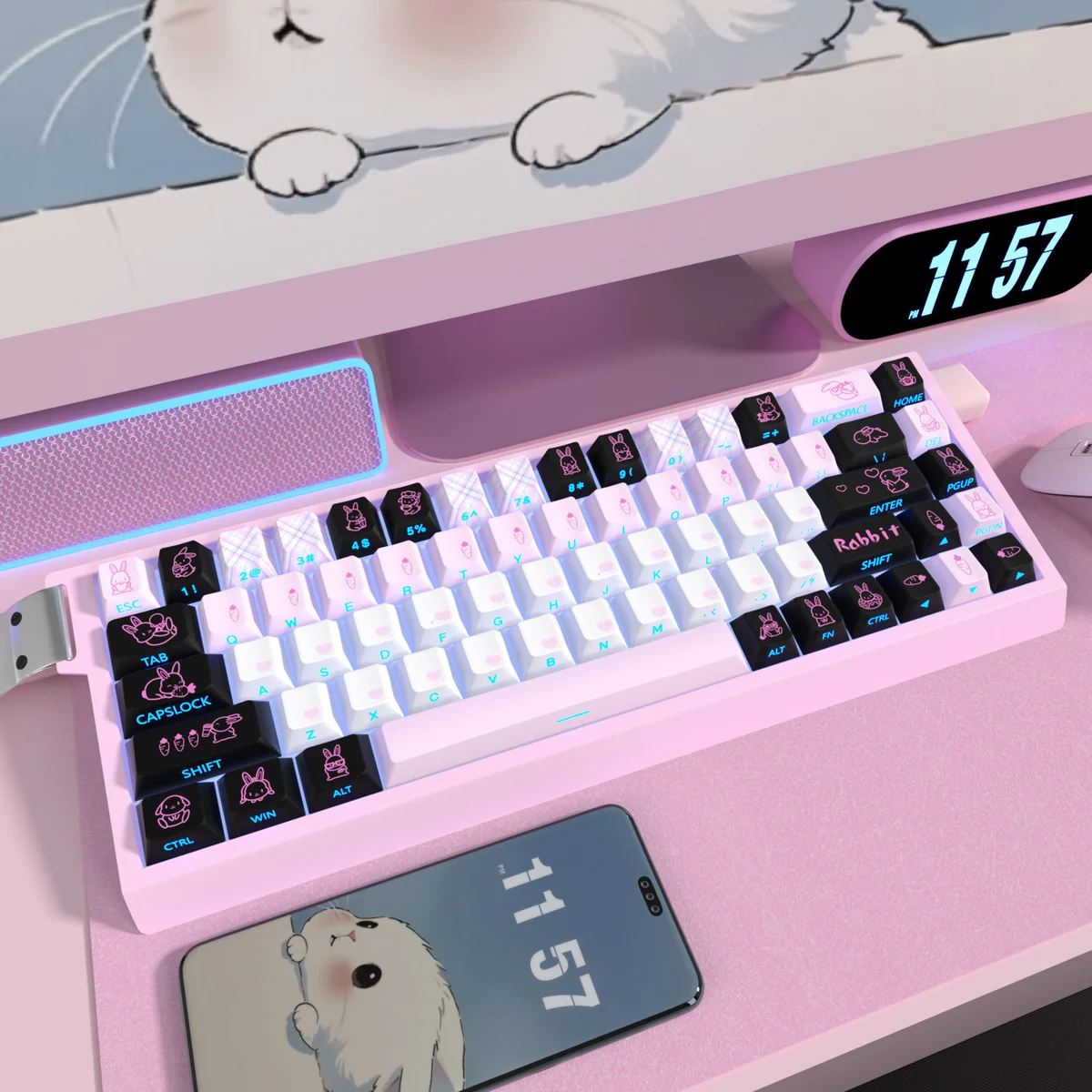 Adorable PBT dye-sub cute rabbit keycaps set displayed from various angles, highlighting charming minimalist illustrations for a whimsical and clean keyboard.