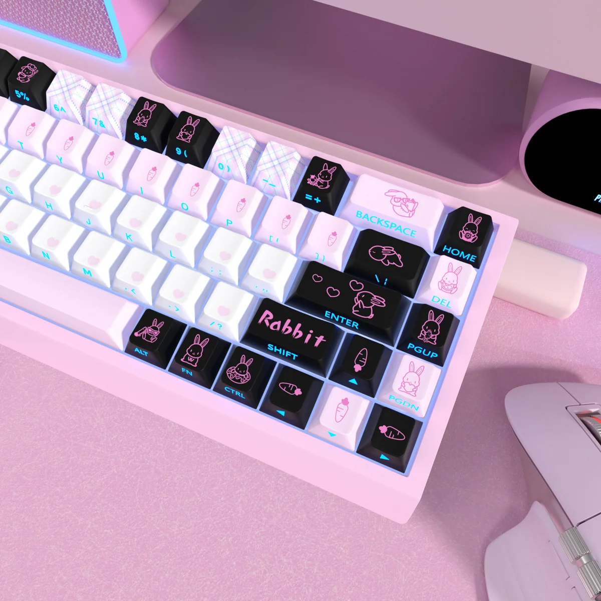 Close-up of adorable PBT dye-sub rabbit keycaps set from various angles, showcasing charming minimalist designs for a whimsical keyboard.