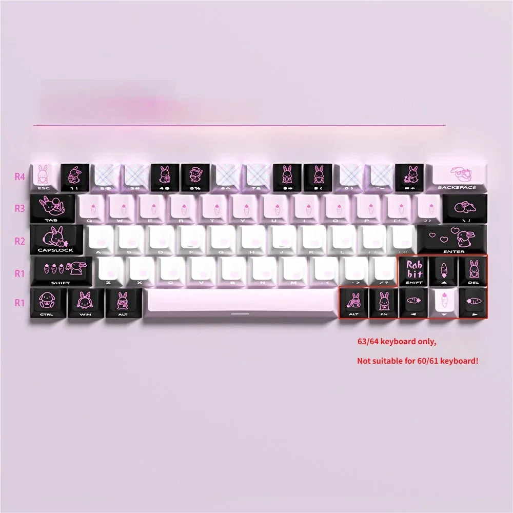 Cute Rabbit Keycaps Set: Adorable PBT dye-sub set shown from various angles, featuring charming minimalist rabbit illustrations and a playful, clean aesthetics.