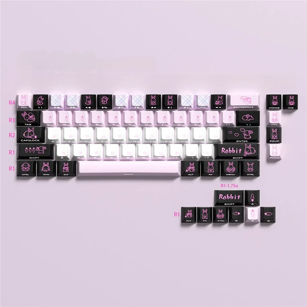 Adorable 74-key Cute Rabbit PBT Dye-Sub keycap set, featuring charming minimalist rabbit illustrations for 60-65-68 keyboards, offering a whimsical angle.