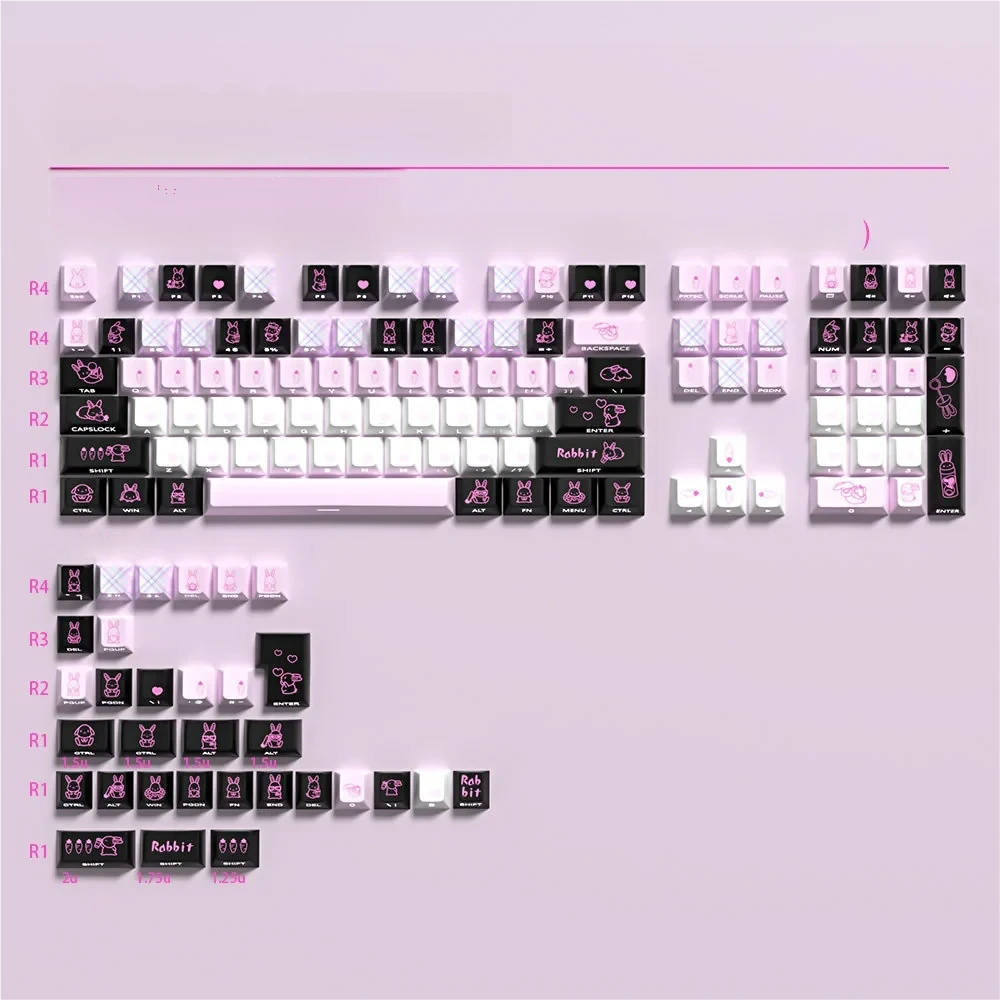 Adorable Cute Rabbit Keycaps Set: 140-key PBT dye-sub set featuring whimsical minimalist rabbit illustrations and unique translucent sides.