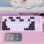 Close-up of adorable PBT dye-sub cute rabbit keycaps set, showcasing charming minimalist rabbit illustrations for a playful keyboard.
