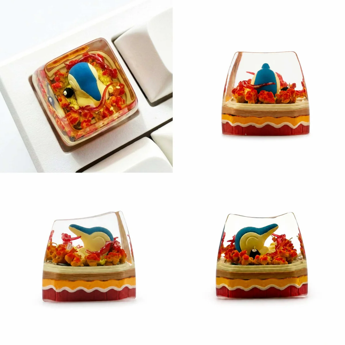 Handcrafted Cyndaquil Pokémon artisan keycap from various angles, highlighting its vibrant SA Profile resin sculpture and translucent effects for keyboard.