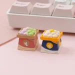 Handcrafted whimsical Dango keycaps with gentle moon-gazing and vibrant flower-viewing Japanese aesthetic, captured from various angles.