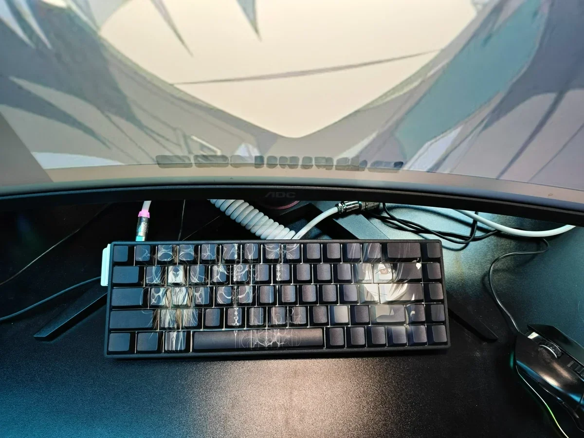 Exclusive Darker than Black Hei PBT keycaps set with mysterious side-lit legends, showcasing their unique stealthy design from an artistic angle.
