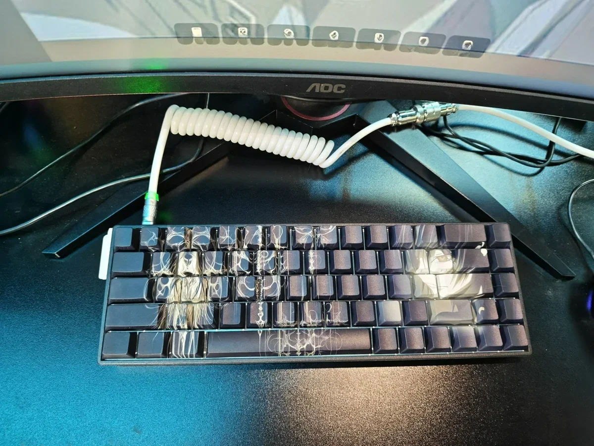 Darker than Black Hei PBT keycaps set. Various angles highlight the mysterious dark aesthetic and stealthy side-lit legends, perfect for anime RGB setups.
