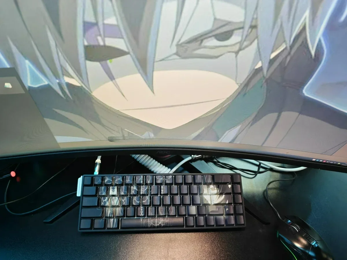 Darker than Black Hei PBT keycaps set showcasing exclusive stealthy side-lit legends, mysterious dark aesthetic, and vibrant anime RGB backlighting.