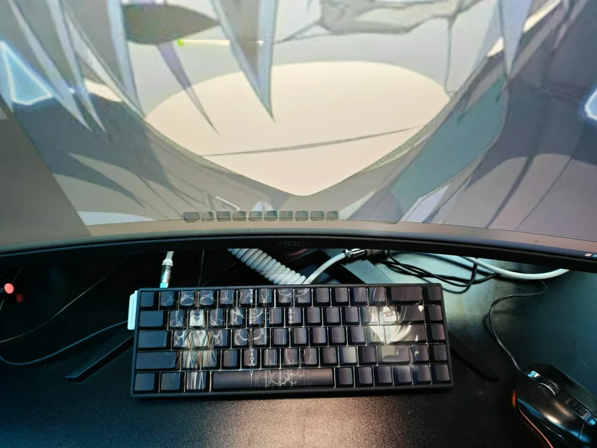 An exclusive Darker than Black Hei PBT keycap set, displaying its mysterious dark aesthetic and stealthy side-lit legends, optimized for vibrant RGB lightning design.