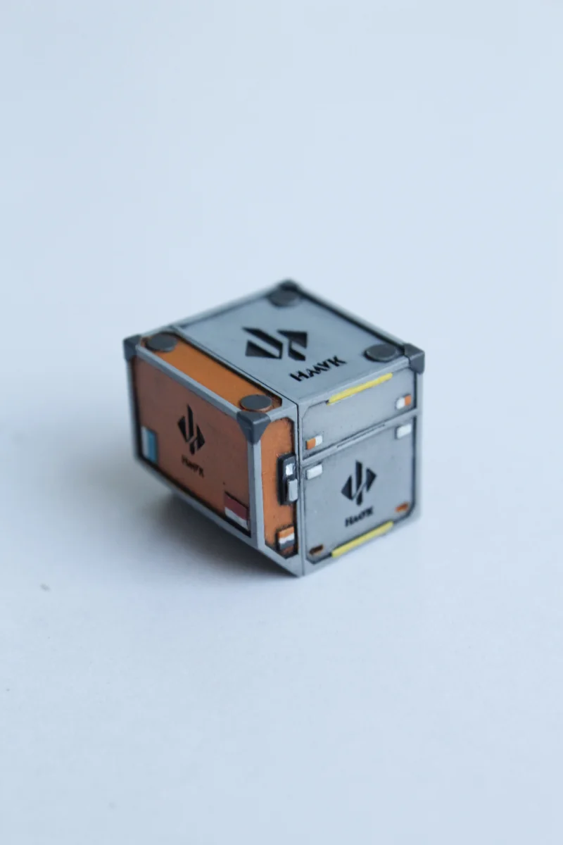 Close-up views of the premium resin Delta Force flight case keycap, highlighting its intricate tactical design and rugged industrial craftsmanship design.