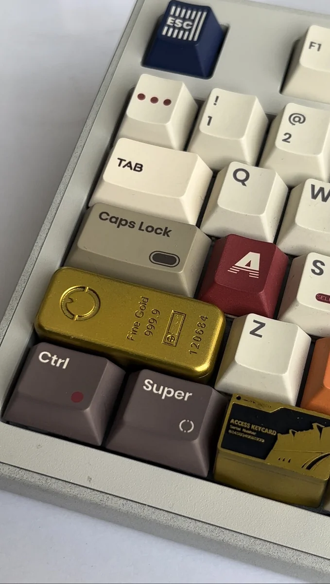 Close-up views of the premium Delta Force Pure Gold Bar Artisan Keycap, showcasing its handcrafted resin details and tactical design from multiple angle.