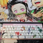 Vibrant Demon Slayer PBT keycaps set with side-printed legends, showcasing iconic anime characters and motifs from various angles, enhanced by RGB.