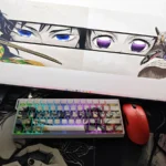 Detailed view of the translucent, side-engraved Demon Slayer keycaps set, showcasing the artistic Giyu and Shinobu designs from a unique angle, perfect for fans.
