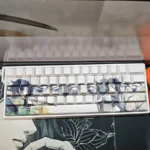 Demon Slayer Giyu & Shinobu translucent side-engraved keycaps set, showcased from an artistic angle. These exclusive artisan keycaps reveal sleek.