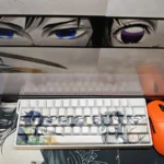 Close-up of exclusive Demon Slayer keycaps set featuring Giyu & Shinobu, highlighting their artistic translucent side-engraved legends. Perfect for fans.