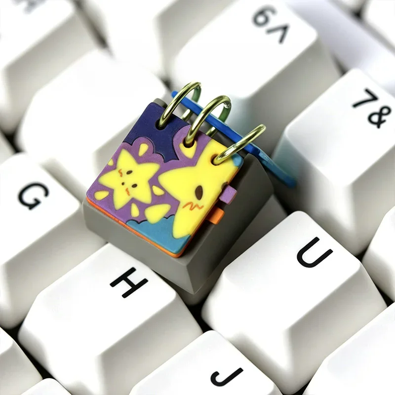 Close-up of a handcrafted Resin Calendar Keycap, showcasing its intricate miniature calendar with daily mood and weather icons from a unique angle.