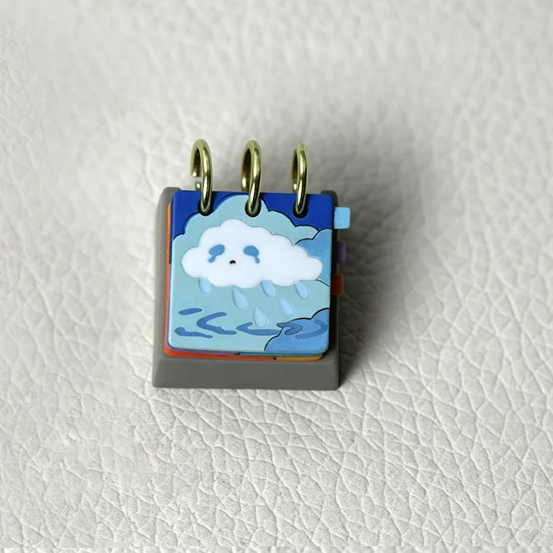 Close-up gallery of a handcrafted Resin Calendar Keycap, revealing intricate daily mood and weather designs from different angles. Unique artistic design.