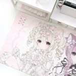 Close-up of the charming Sweet Cat Girl Desk Mats, highlighting its waterproof surface and playful design, perfect for a whimsical workspace.