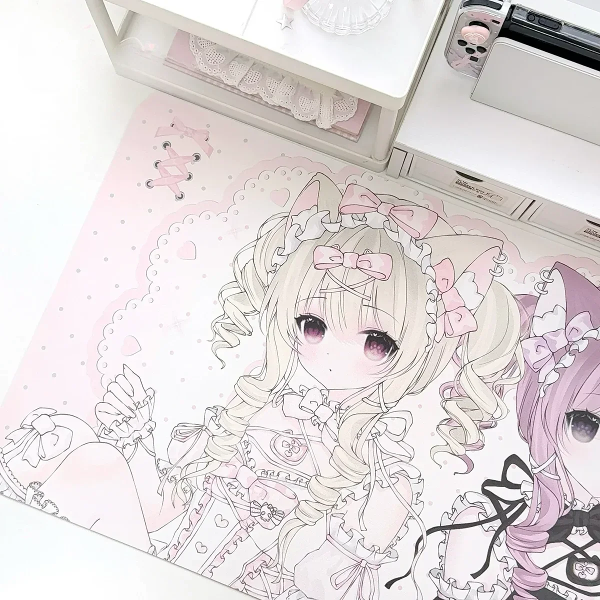 Close-up of the charming Sweet Cat Girl Desk Mats, highlighting its waterproof surface and playful design, perfect for a whimsical workspace.