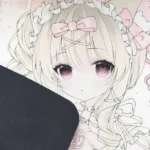 A detailed view of the Sweet Cat Girl Desk Mats, showcasing its waterproof surface and playful pastel design for adorable desk protection.