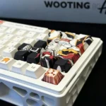 Textured close-up of a PBT Digimon Gallantmon keycap set, revealing the crisp dye-sub details and durable finish from this exclusive epic adventure set.