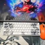 Gallery view of vibrant Dragon Ball Goku PBT keycaps set from various angles, highlighting iconic anime artwork and rich colors for a playful Saiyan keyboard.