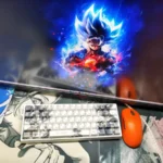 Vibrant DB Goku PBT keycaps set from multiple angles, showcasing the iconic Saiyan power with dynamic anime artwork and rich colors for your keyboard.