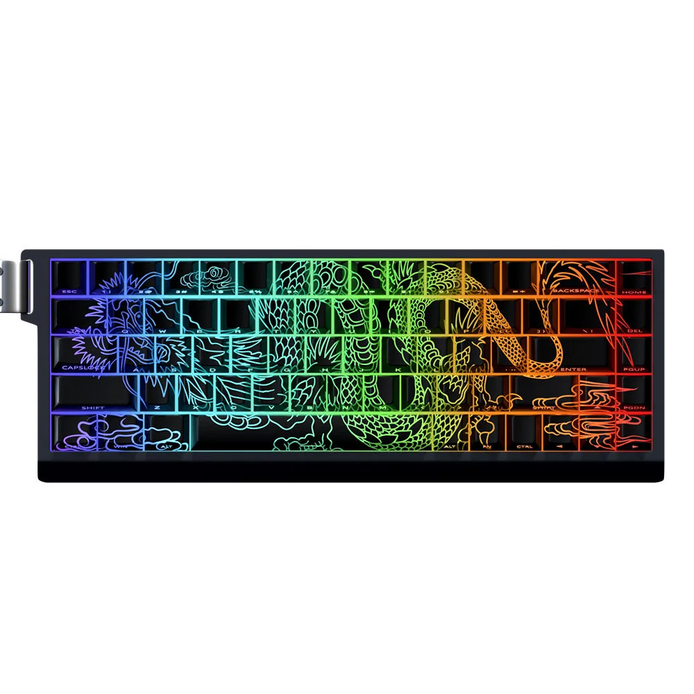 Close-up of exquisite dragon-themed PBT dye-sub keycaps set, showcasing vibrant, intricate Asian artistry and majestic dragon motifs from a unique angle.