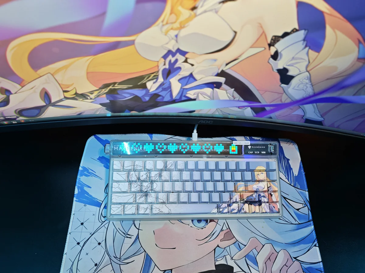 Durandal Honkai Impact 3rd side-lit PBT keycap set, showcasing heroic artistry and sleek, translucent side-printed legends from a premium angle.