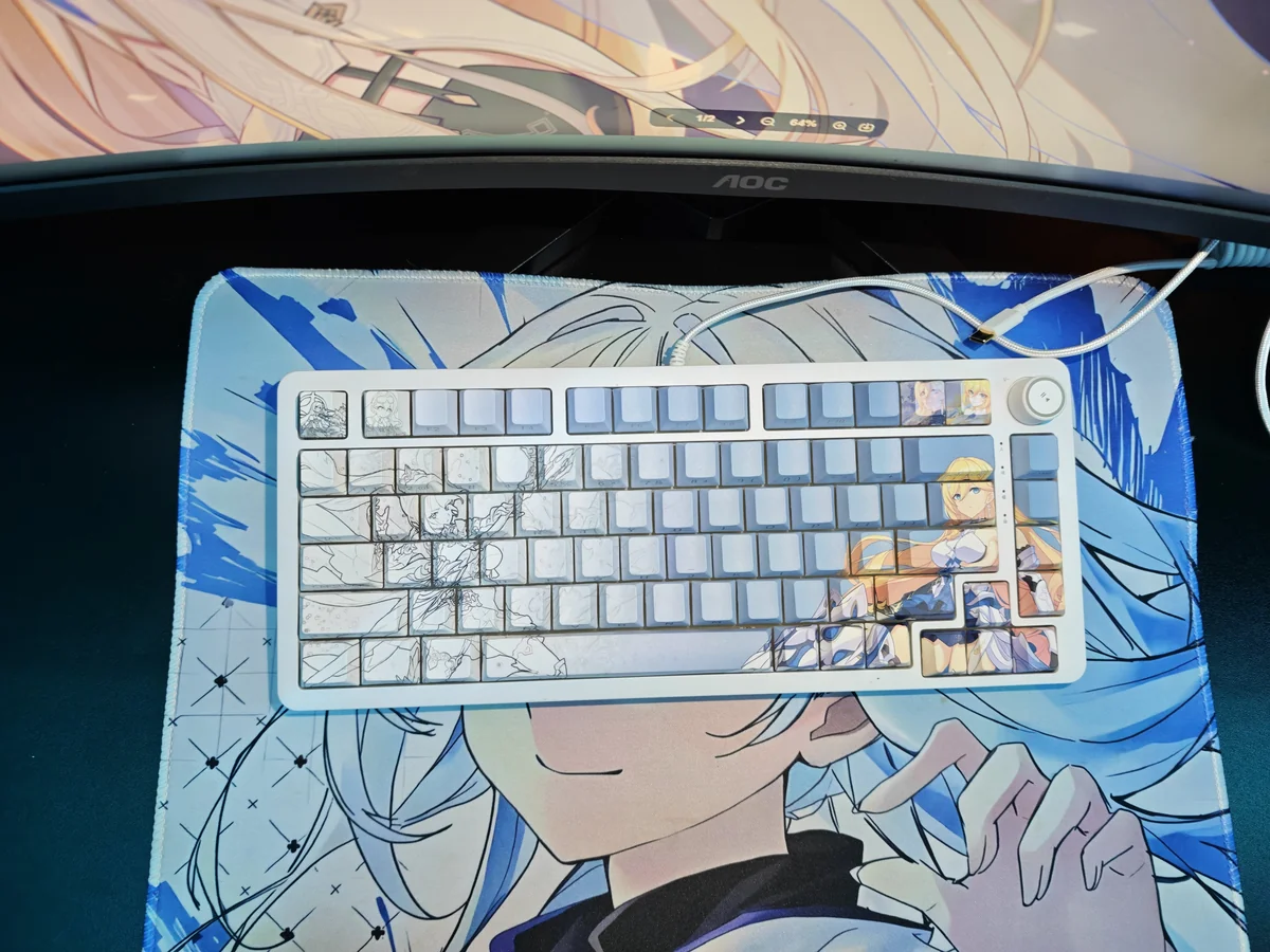 Durandal Honkai Impact 3rd side-lit PBT keycap set. Gallery shows heroic artistry, sleek translucent side-printed legends from all angles.