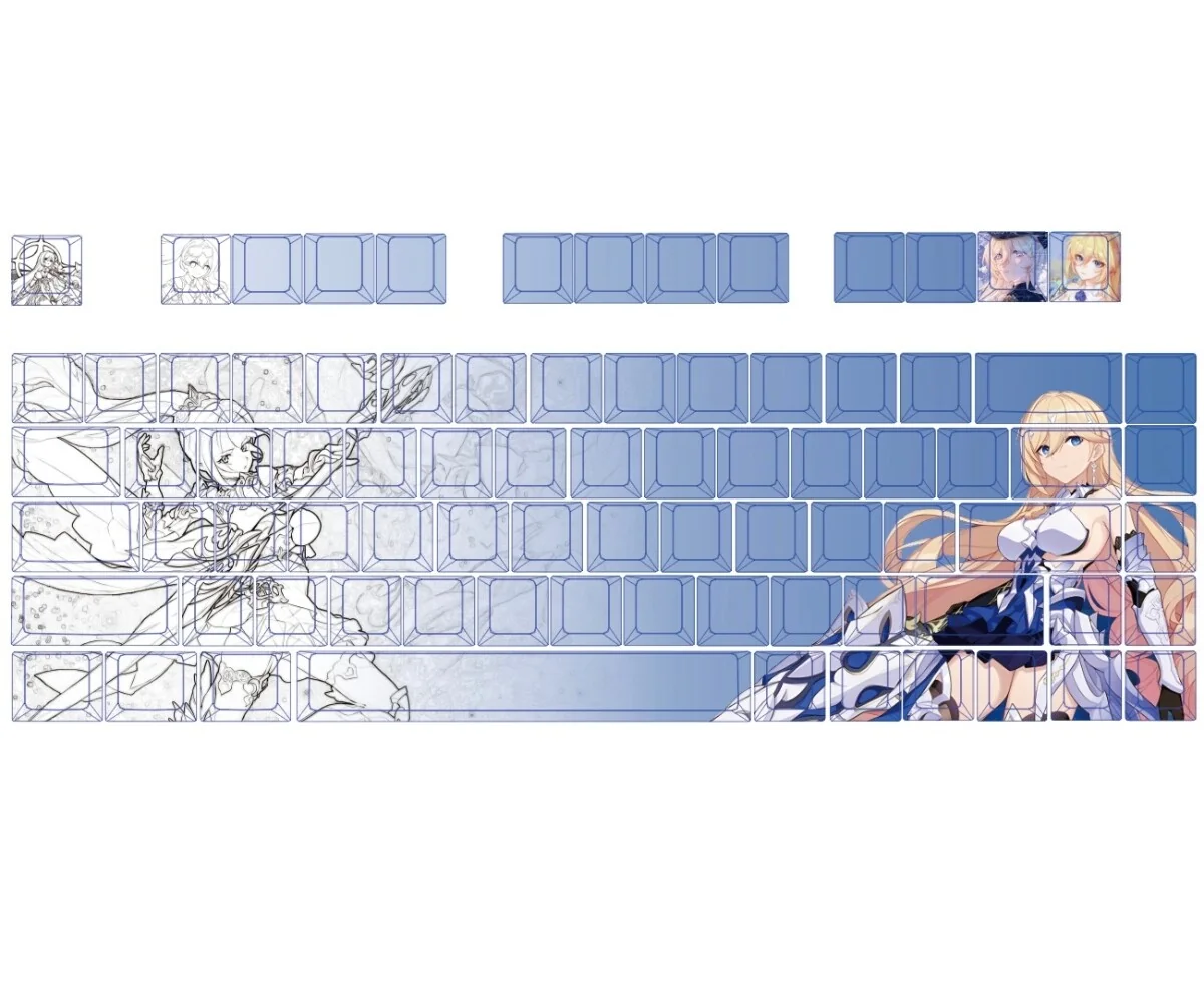 Multiple angles of the premium Durandal Honkai Impact 3rd side-lit PBT keycap set, showcasing its heroic artistry and sleek, translucent legends.