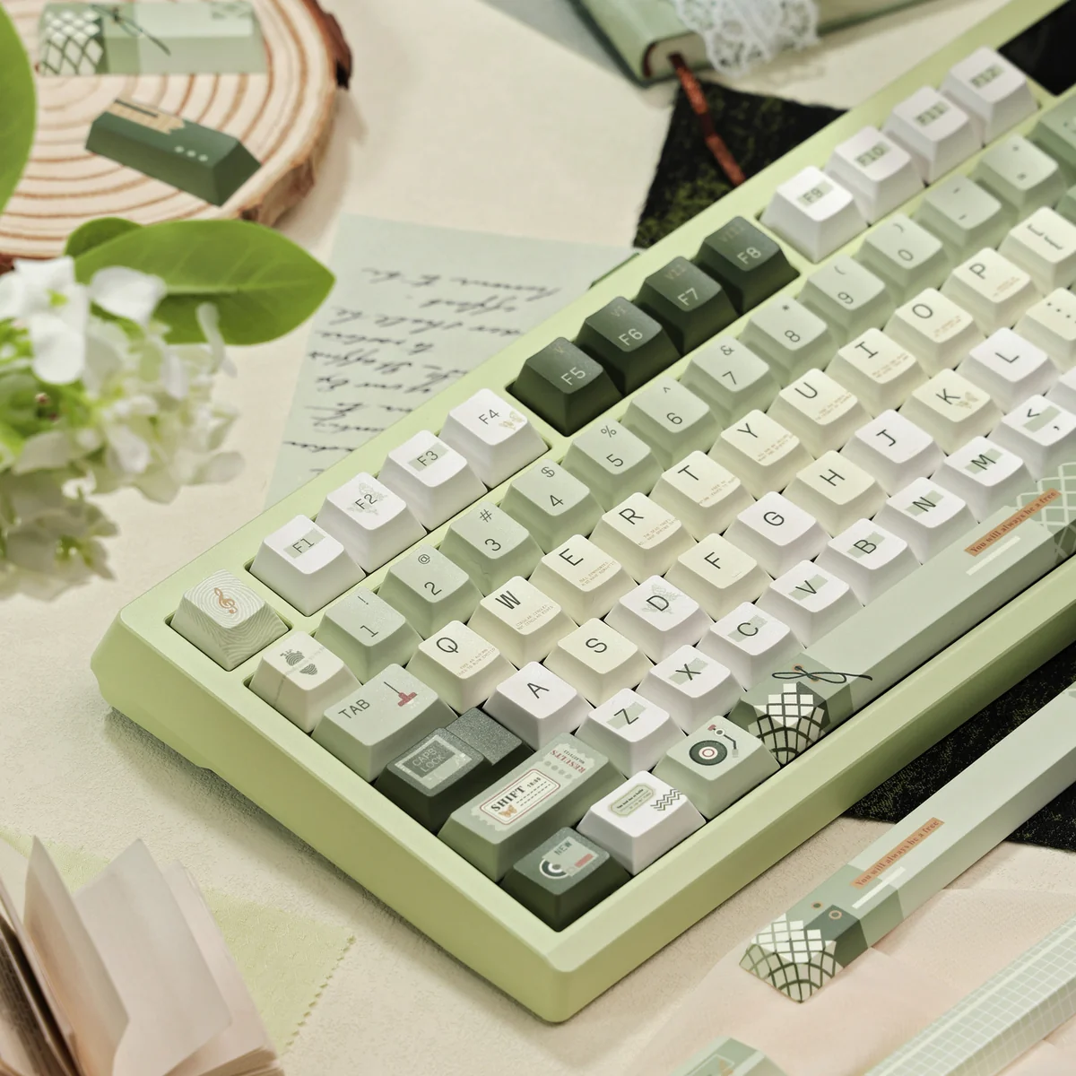Premium PBT Dye-Sub Early Spring Green Keycaps showing gentle green gradients, subtle floral patterns, and a calming spring ambiance.