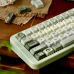 Angled view of Early Spring Green Keycaps, showcasing the gentle green gradients and subtle floral patterns of the premium PBT dye-sub set.