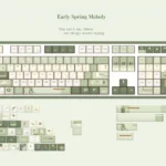 Premium PBT dye-sub Early Spring Melody Keycaps displayed from an elegant angle, highlighting their gentle green gradients, subtle floral patterns.