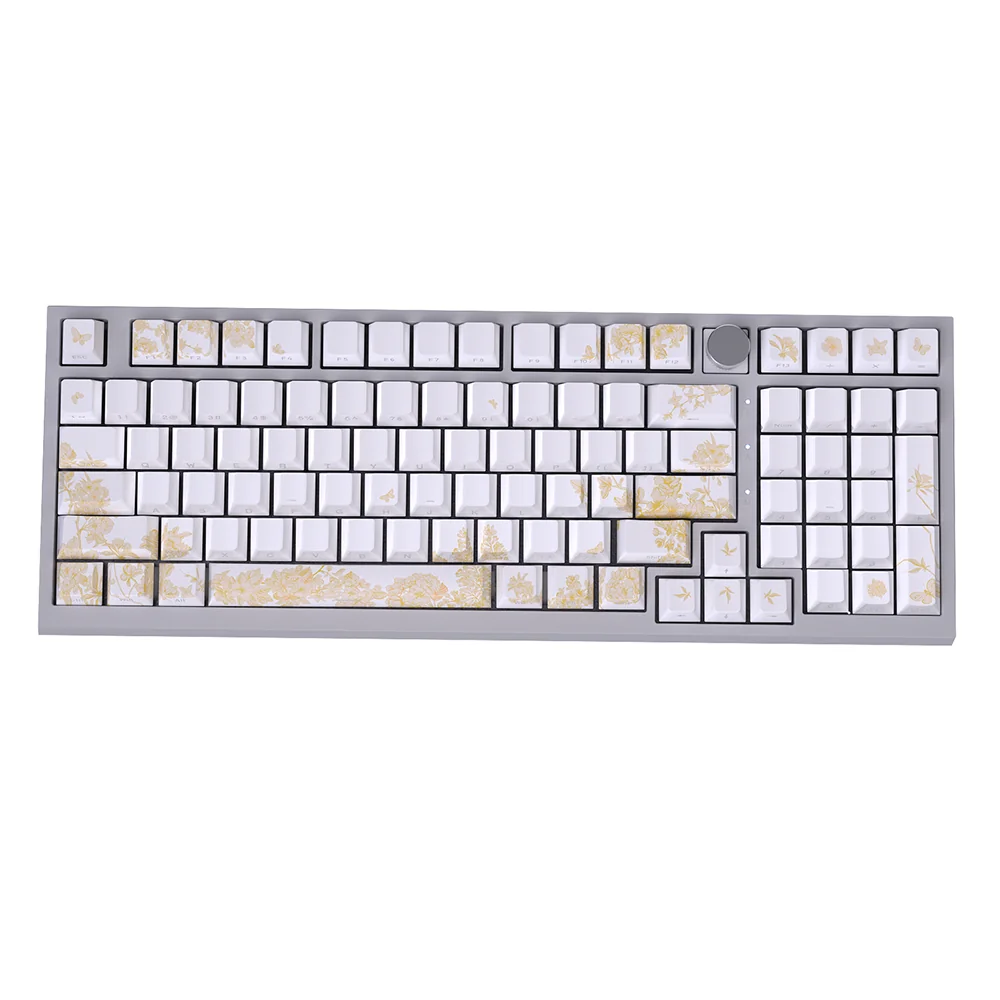 Detailed view of the premium embroidered PBT keycaps set, highlighting intricate, embroidery-inspired patterns and elegant craftsmanship design.