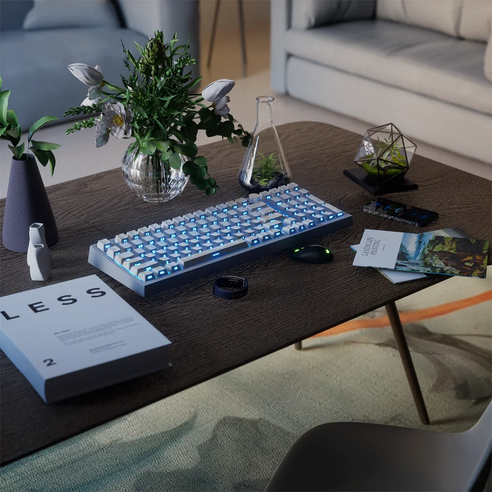 Elegant embroidered PBT keycaps set, featuring intricate patterns and a luxurious finish, presented from a distinct, refined angle.