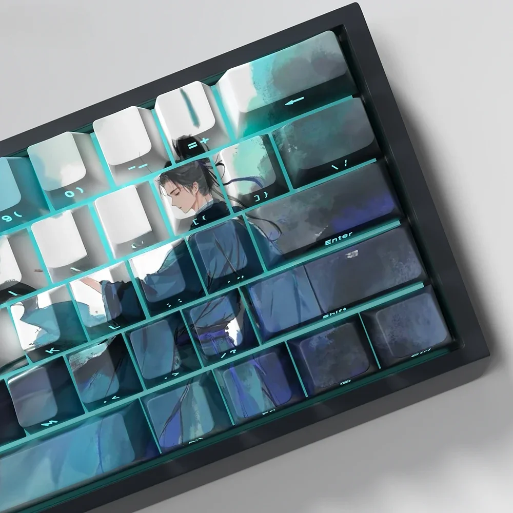 Elegant Ancient Chinese PBT side-lit keycaps, showcasing their serene ink wash aesthetic and subtle, clean side-engraved legends.
