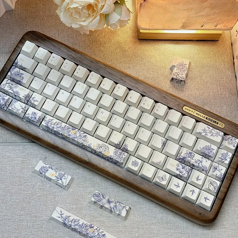Detailed views of the artisan embroidered PBT keycaps set, highlighting intricate textile patterns, vibrant colors, and handcrafted quality for Cherry Profile.