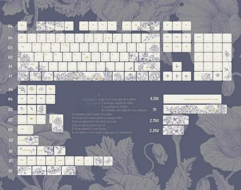 Detailed view of the 142-key artisan embroidered PBT keycap set, featuring exquisite, colorful textile patterns that evoke a unique handcrafted aesthetics.