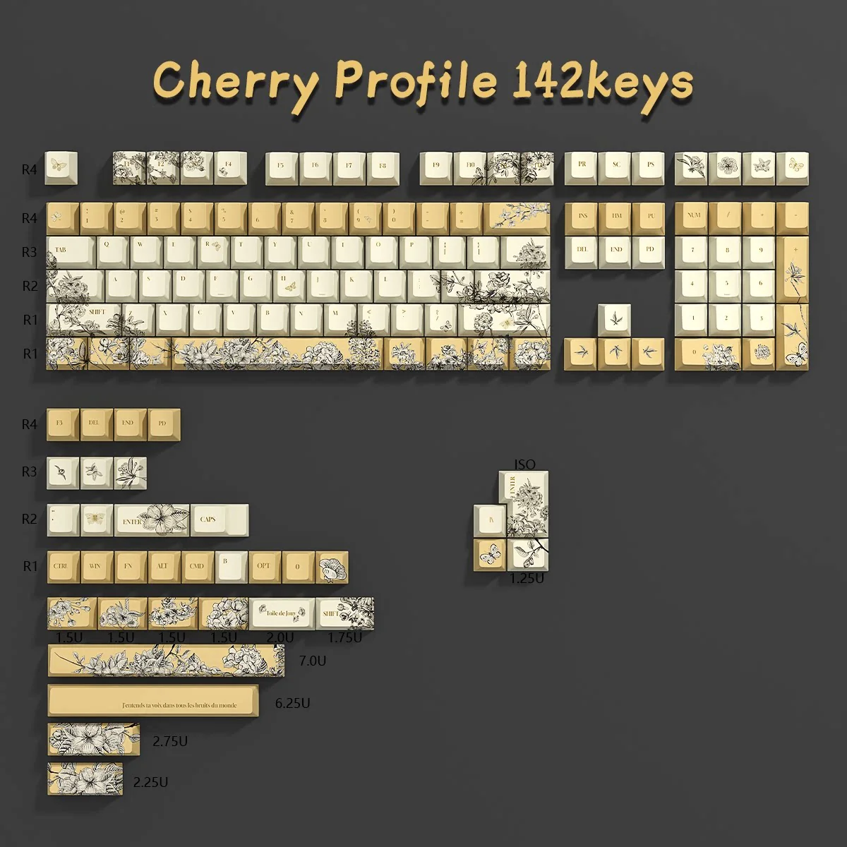 Vibrant yellow 142-key artisan embroidered PBT keycap set, featuring intricate textile patterns and a handcrafted aesthetic for an Alice layout.