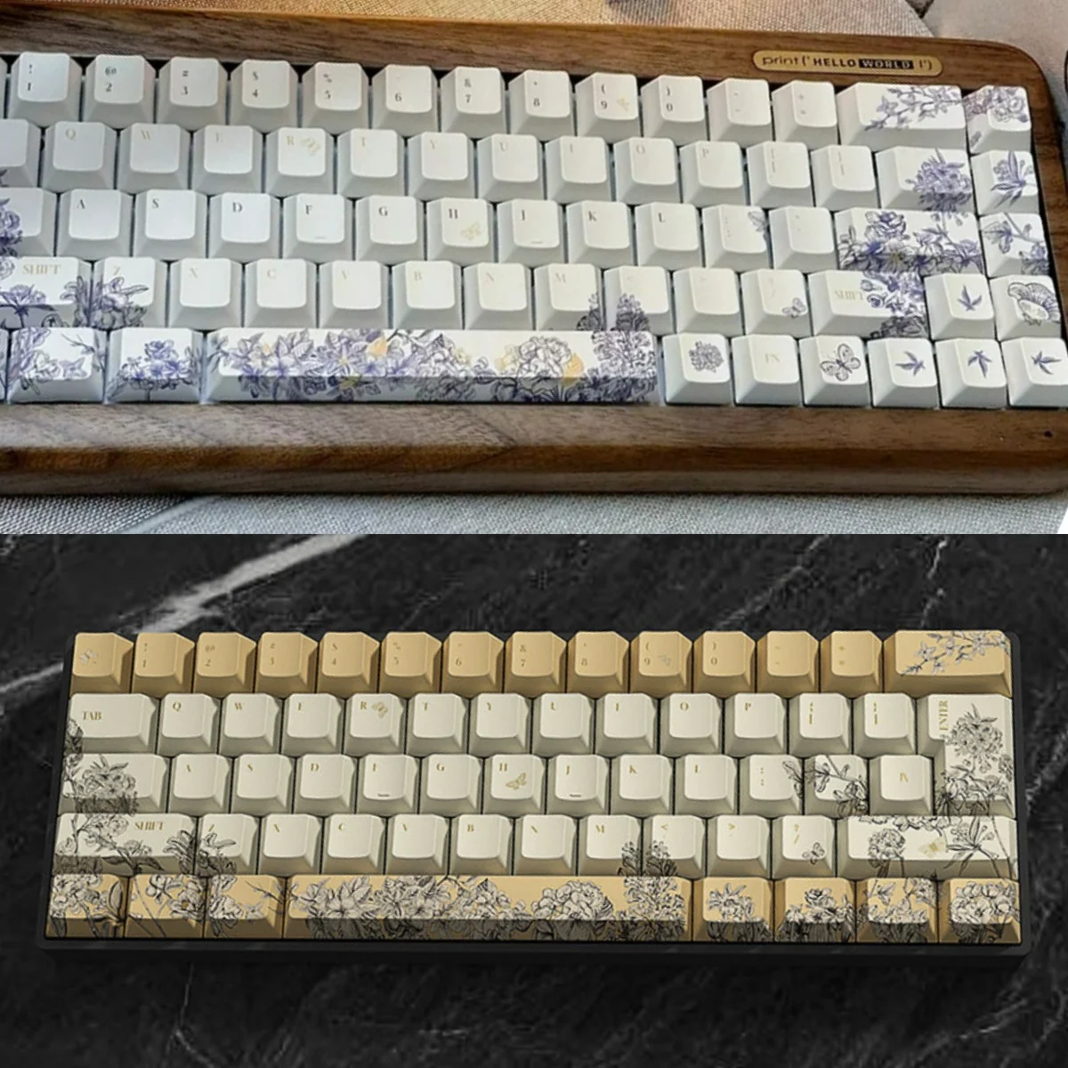 Artisan embroidered PBT keycaps set, showcasing intricate, handcrafted textile patterns with vibrant color accents and unique artistic design.