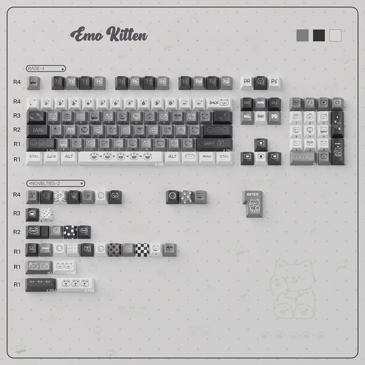 Unique Emo Kitten PBT keycaps set, multiple views showcasing expressive feline characters and the soft, durable PBT finish. Whimsical and artistic.
