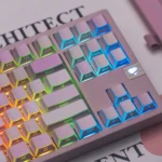 Encountered Folded Shadow Cherry Keycap Set from various angles, highlighting durable PBT and striking geometric artistry with abstract reflections.