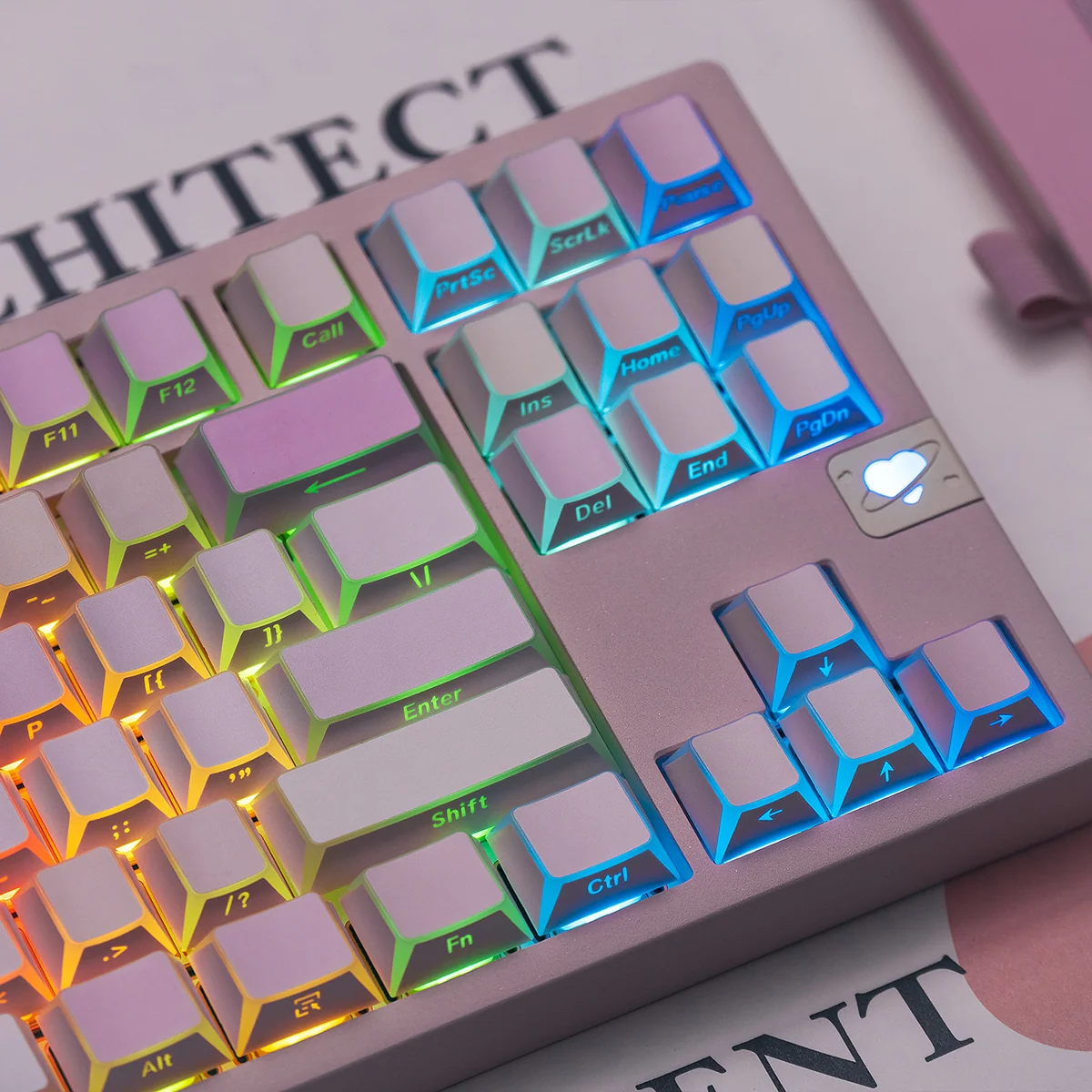 Encountered Folded Shadow Cherry Keycap Set from various angles, highlighting durable PBT and striking geometric artistry with abstract reflections.