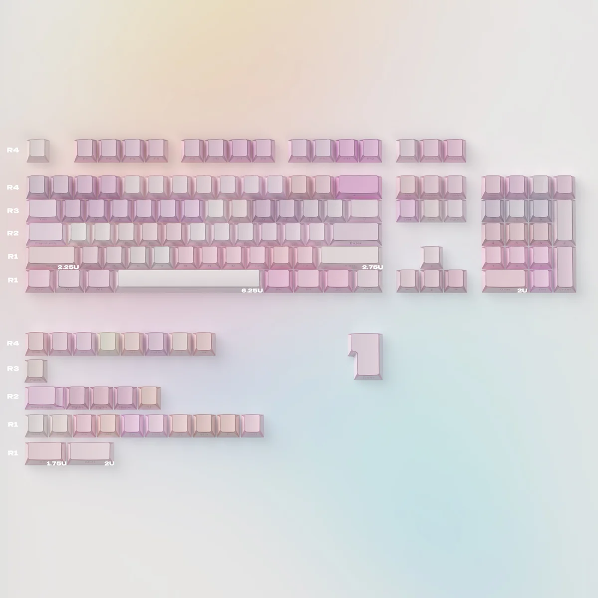 Views of the Encountered Folded Shadow Cherry Keycap Set, showcasing durable PBT and striking geometric artistry with sharp angles and abstract reflections.