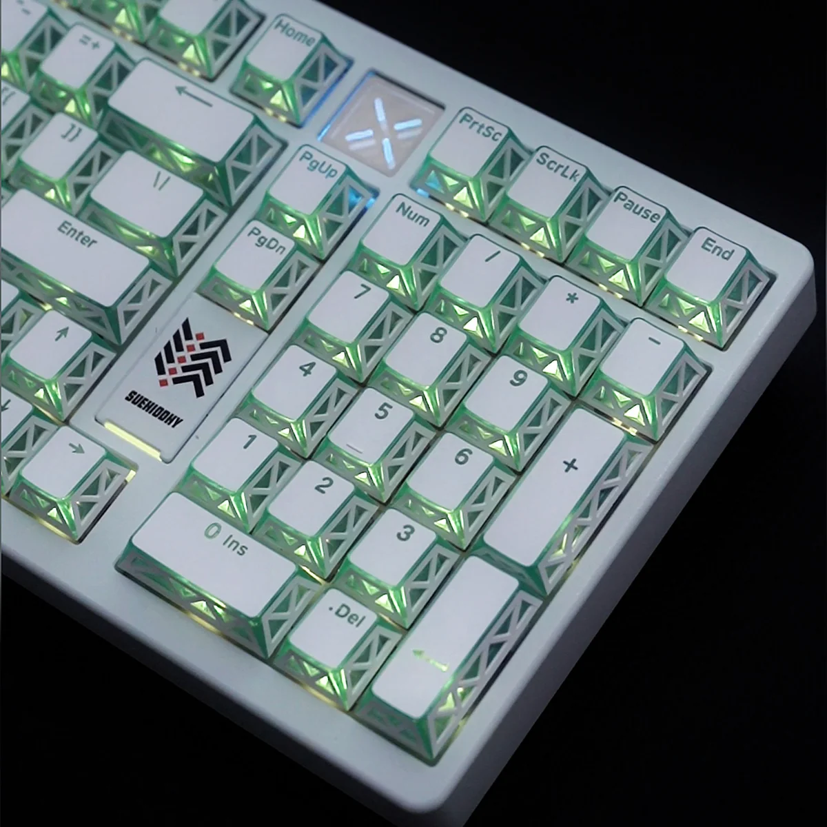 Ethereal Refraction Translucent PBT Keycaps set, uniquely hollow, displaying stunning light refraction from multiple perspectives.