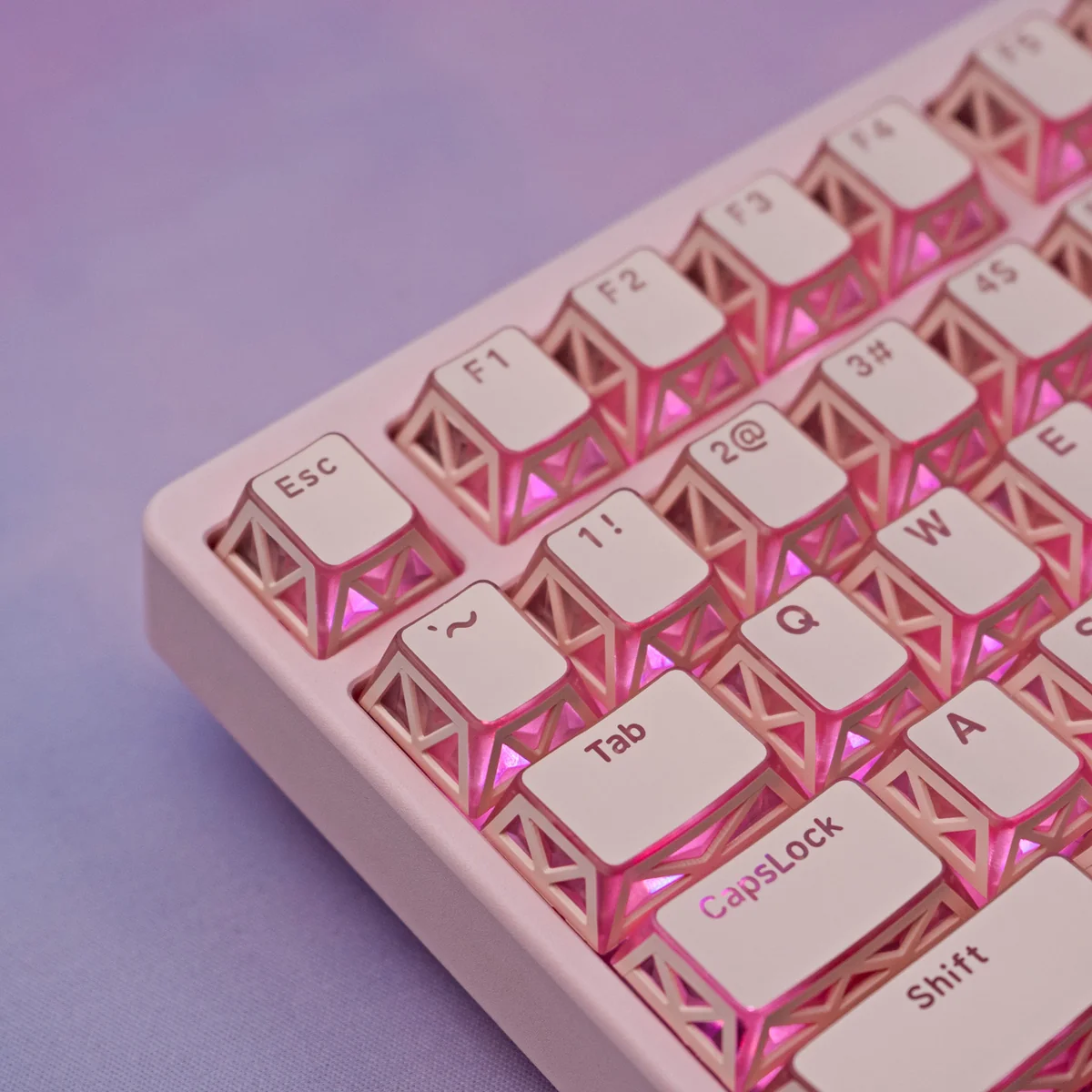 Close-up of Ethereal Refraction Translucent PBT Keycaps Set, revealing their unique hollow design and captivating light play across multiple keys.