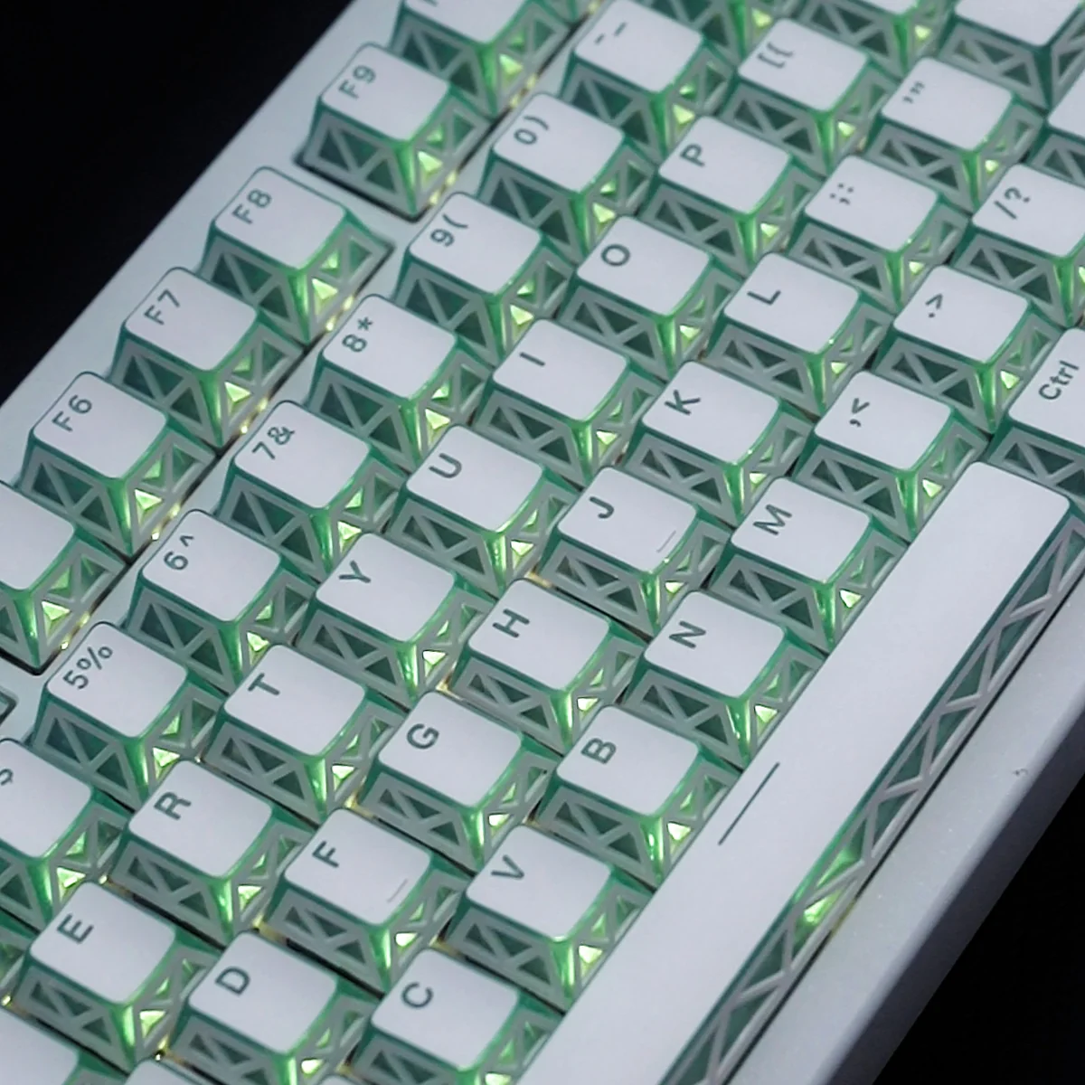 Gallery view of Ethereal Refraction Translucent PBT Keycaps Set, revealing their unique hollow design and stunning light refraction, creating an ethereal design.