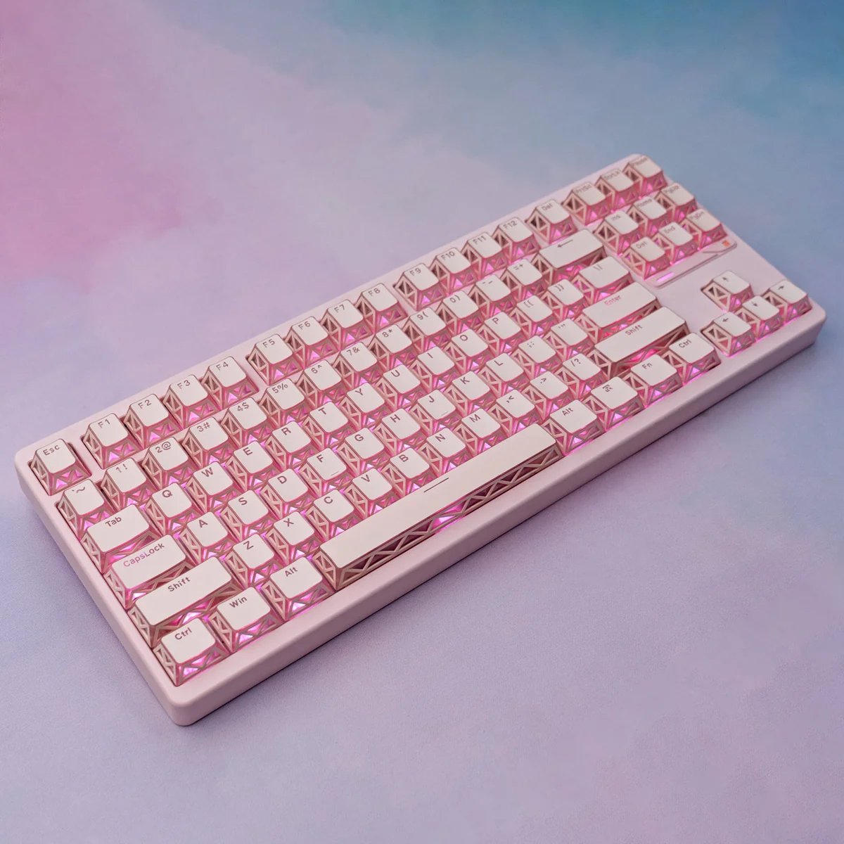Ethereal Refraction Translucent PBT Keycaps set at various angles, revealing intricate hollow legends and the captivating dance of light refraction.