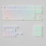 White Ethereal Refraction Translucent PBT Keycaps set, highlighting the unique hollow design and stunning light refraction for an artistic glow.